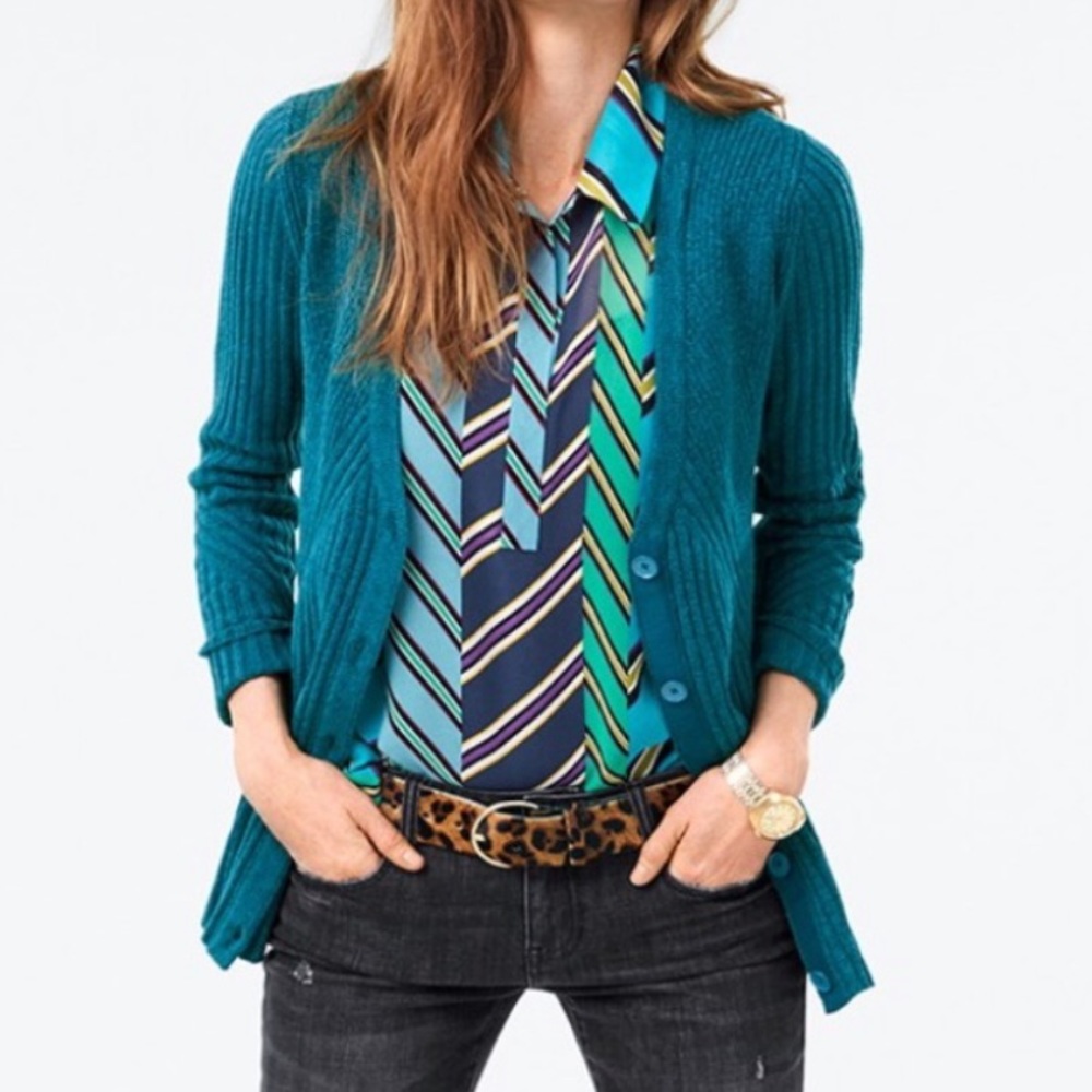CAbi Teal Ribbed Open Cardigan with Button Detail